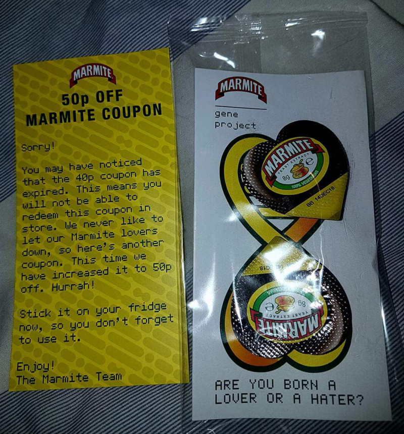 Two samples of Marmite and a 50p off coupon