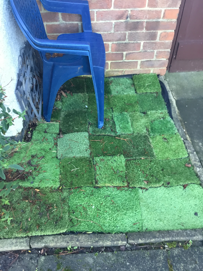 Samples of grass on outdoor patio with blue plastic chair