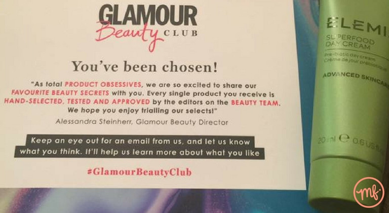 Green tube of Elemis Superfood Day Cream with a Glamour Beauty Club instruction card
