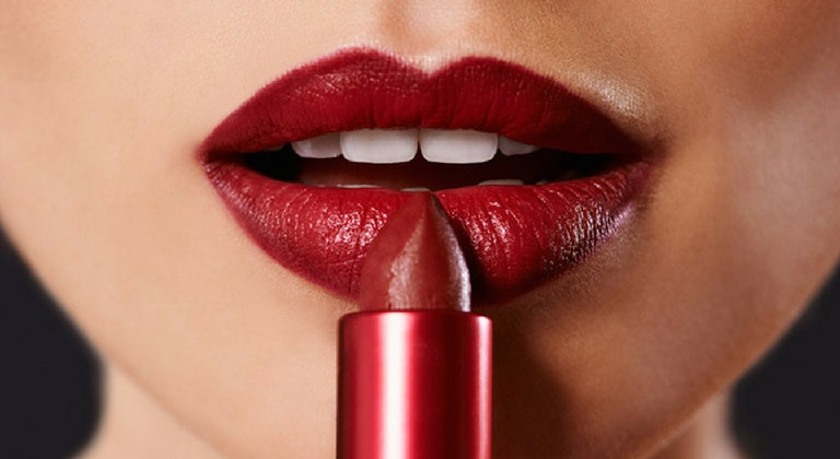 Woman applying red lipstick