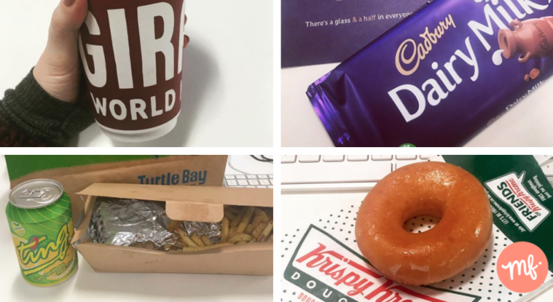 4 pictures of free food: hand holding free takeaway coffee, bar of cadbury dairy milk, Turtle Bay takeaway lunch and Krispy Kreme doughnut
