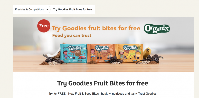 Screenshot of Sainsbury's website showing free snack