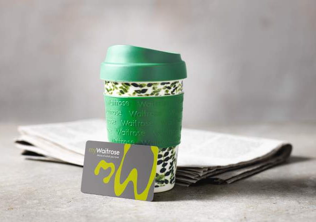 Free tea or coffee in a reusable cup, with a myWaitrose card and newspaper