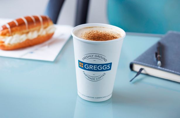 Free Greggs coffee with pastry in the background
