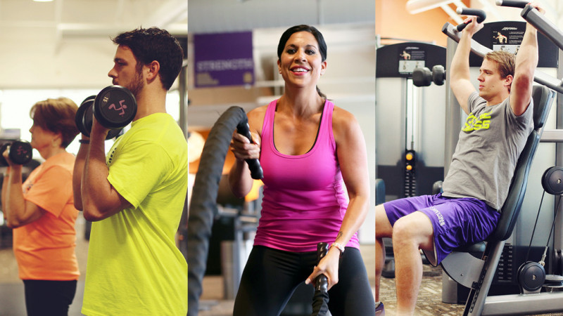 3 images of people working out at the gym: man in yellow top lifting dumbells, woman in pink top using workout ropes and man using shoulder press