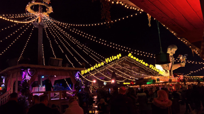 Hyde Park, London Winter Wonderland at night. Outside of the Bavarian Village bar