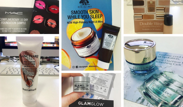 Collection of free beauty products received from Magic Freebies WhatsApp: MAC Lipstick Samples, Sanctuary Moisture Miracle, Origins Night Cream, GLAMGLOW Moisturiser, Estee Lauder Eye Cream, Estee Lauder Foundation