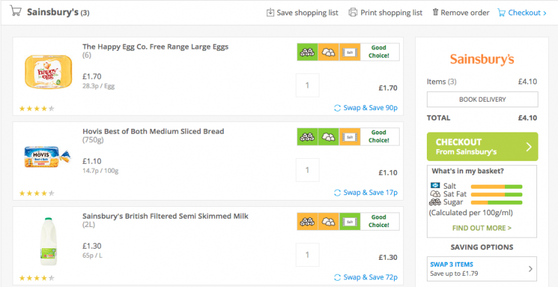 Screenshot of mySupermarket shopping with Sainsbury's