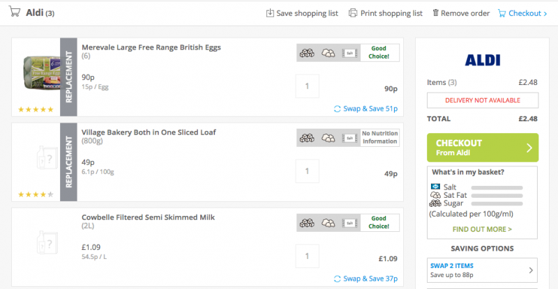 Screenshot of mySupermarket website on an Aldi shop